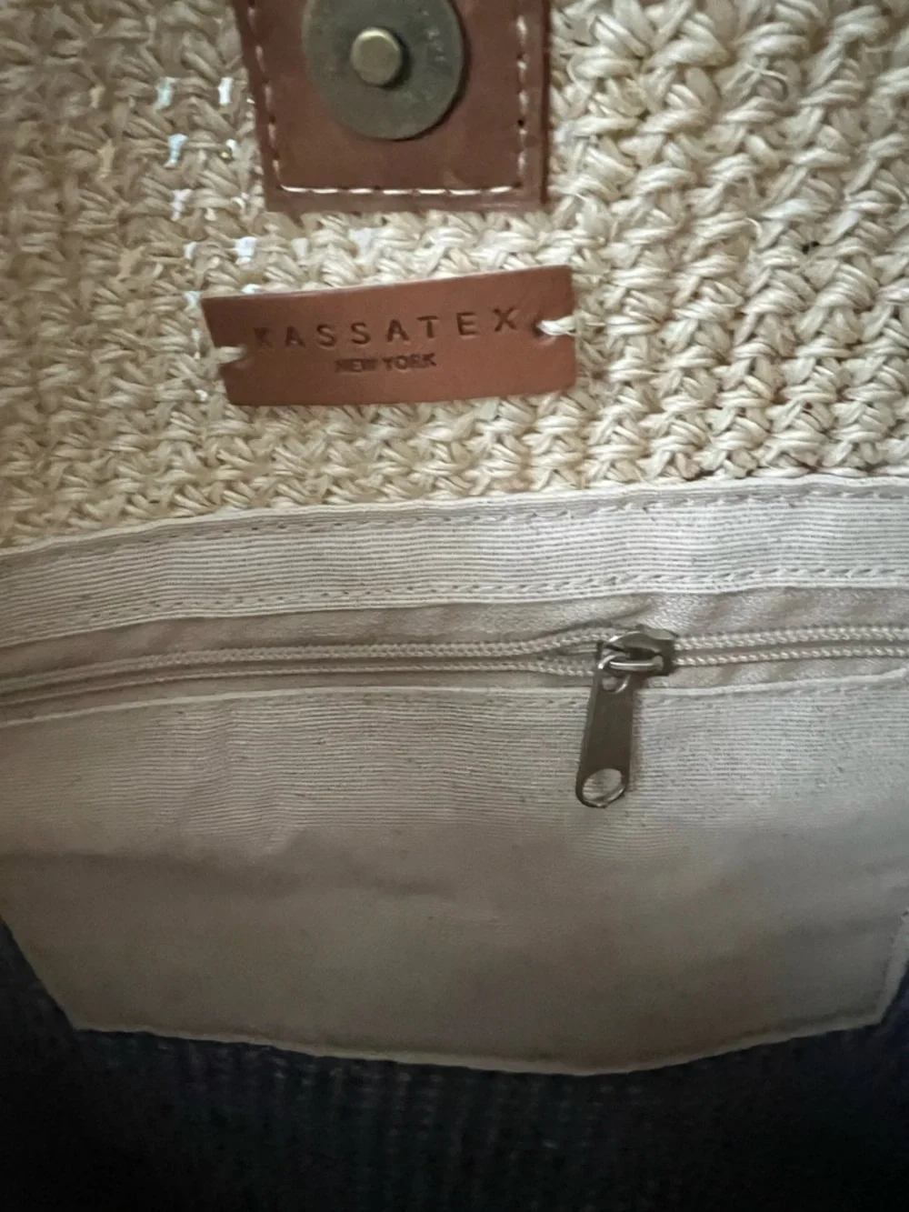 Kassatex Two-Tone Straw Tote in Natural and Blue with Tan Handles - Picture 6 of 6